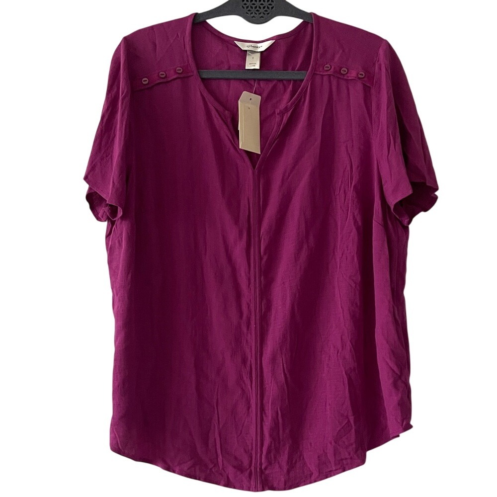 CJ Banks Women's Short Sleeve V-Neck Blouse in Magenta X NWT